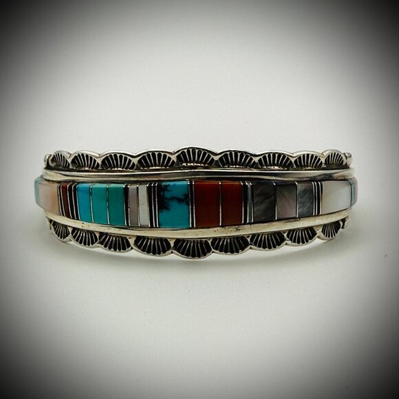 Authentic Navajo Harry Spencer Sterling Silver Multi-Stone Inlay Cuff Bracelet - Picture 1 of 6